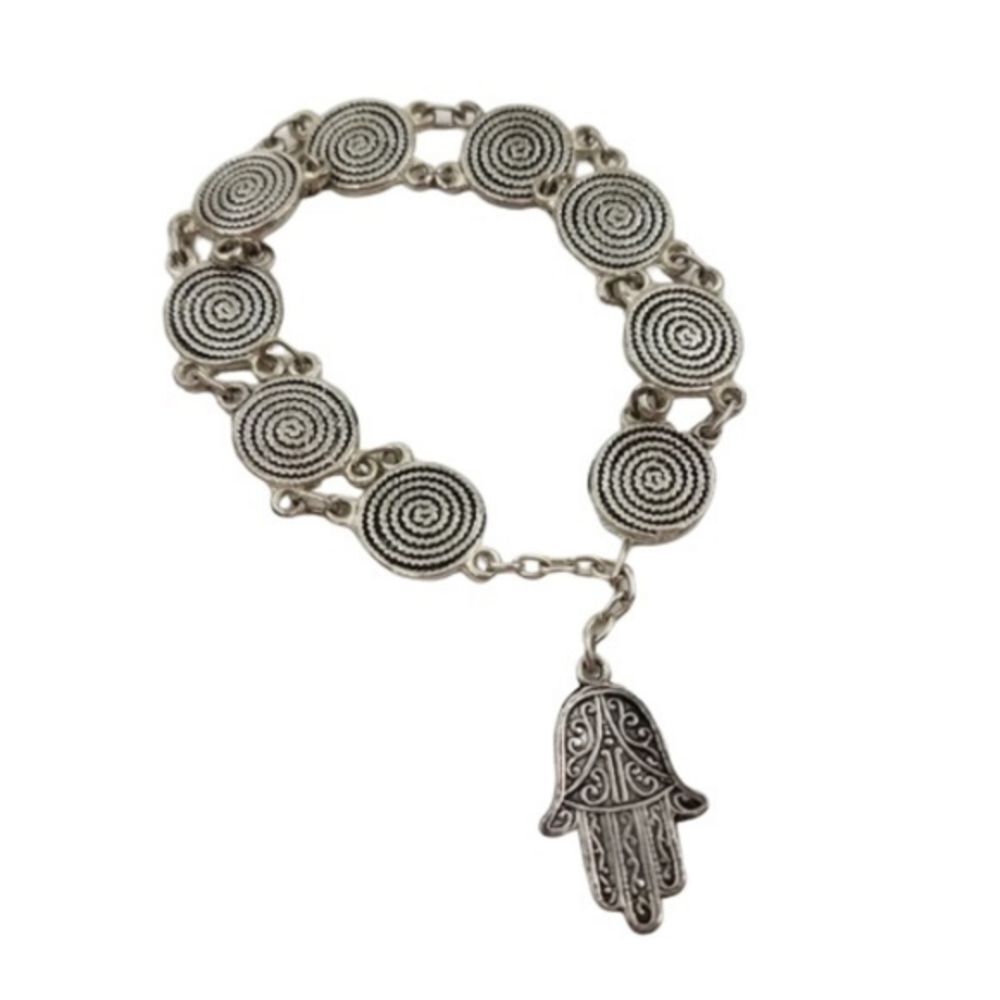 Bracelet Hamsa Hand Silver Tone Dot Round‎ Swirl Ch